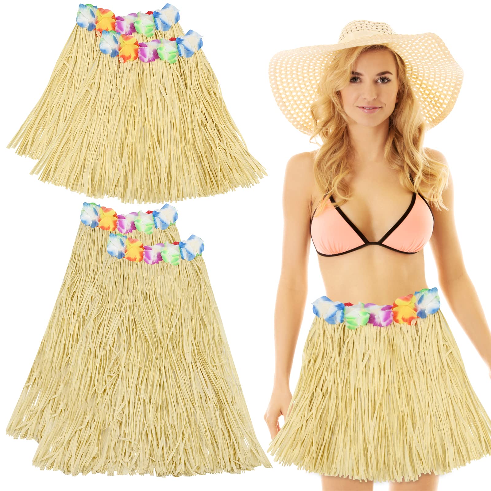 4 Pcs Hula Grass Skirts Set, 2 Pcs 80cm and 2 Pcs 40cm Long Grass Hula Style Skirt, Hawaiian Party Decorations Hula Skirts for Fancy Dress Hawaiian Aloha Luau Summer Beach Pool Party