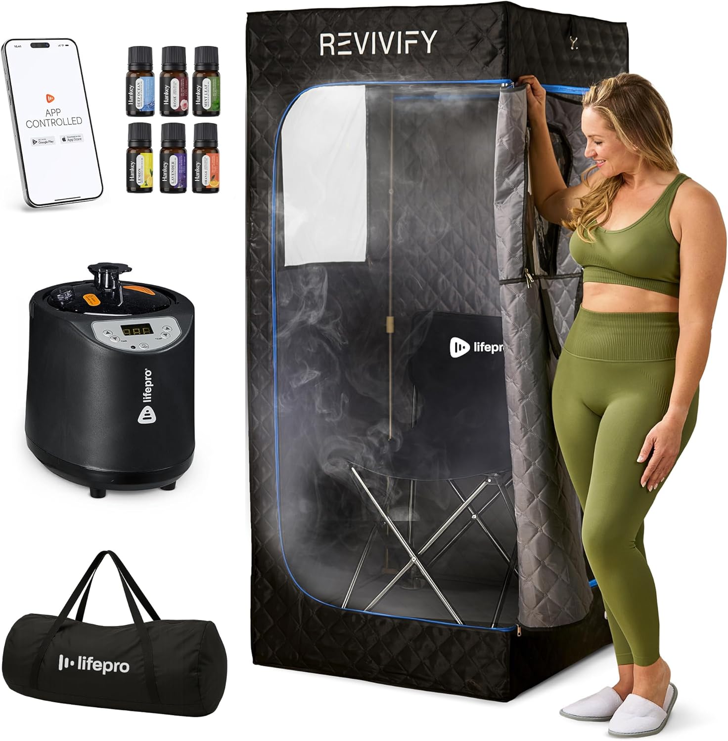 LifePro Revivify Portable Sauna Box – at Home Sauna Tent with Adjustable Heat Levels & Timer – Foldable, Easy-to-Use Personal Steam Room for Home with 2.6L Steamer, Essential Oils and App Control Steam Sauna