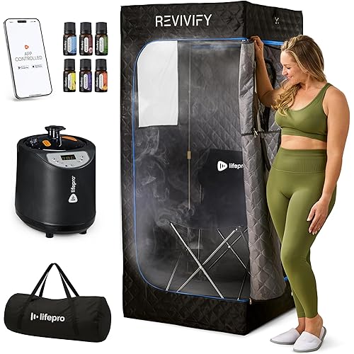LifePro Revivify Portable Sauna Box – at Home Sauna Tent with Adjustable Heat Levels & Timer – Foldable, Easy-to-Use Personal Steam Room for Home with 2.6L Steamer, Essential Oils and App Control