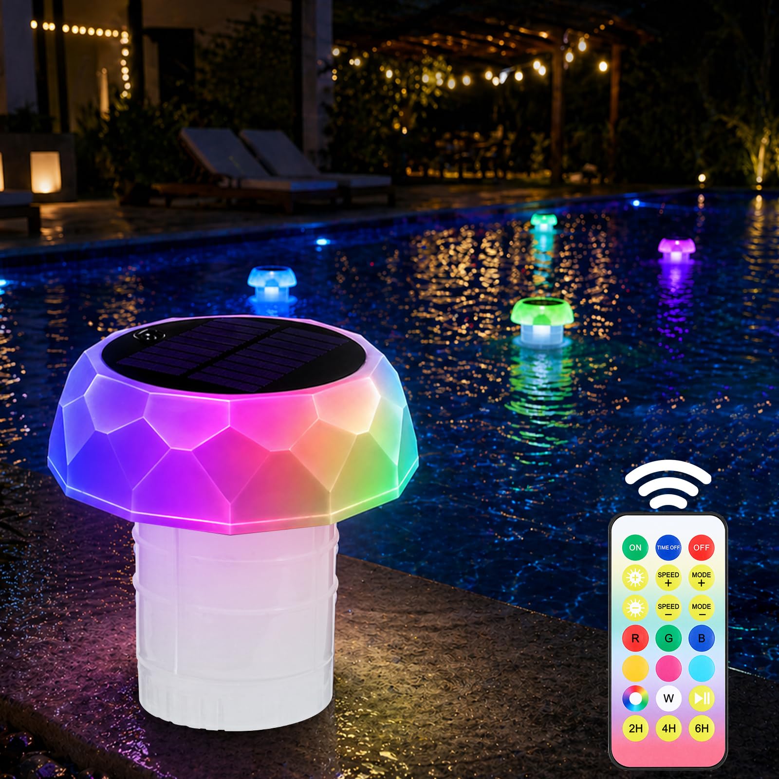 Solar Floating Pool Light with Chlorine Dispenser, IP68 Waterproof, 7 Light Modes, Remote Control, Timer, Ideal for Swimming Pools, Ponds, Hot Tubs and Spa Parties