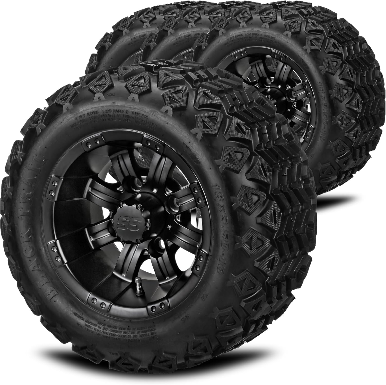 RM Cart 10" Casino Matte Black on 18x9.5-10 Black Trail Tires (Set of 4) | Golf Cart Tires and Wheels Combo with Standard Lug Nuts