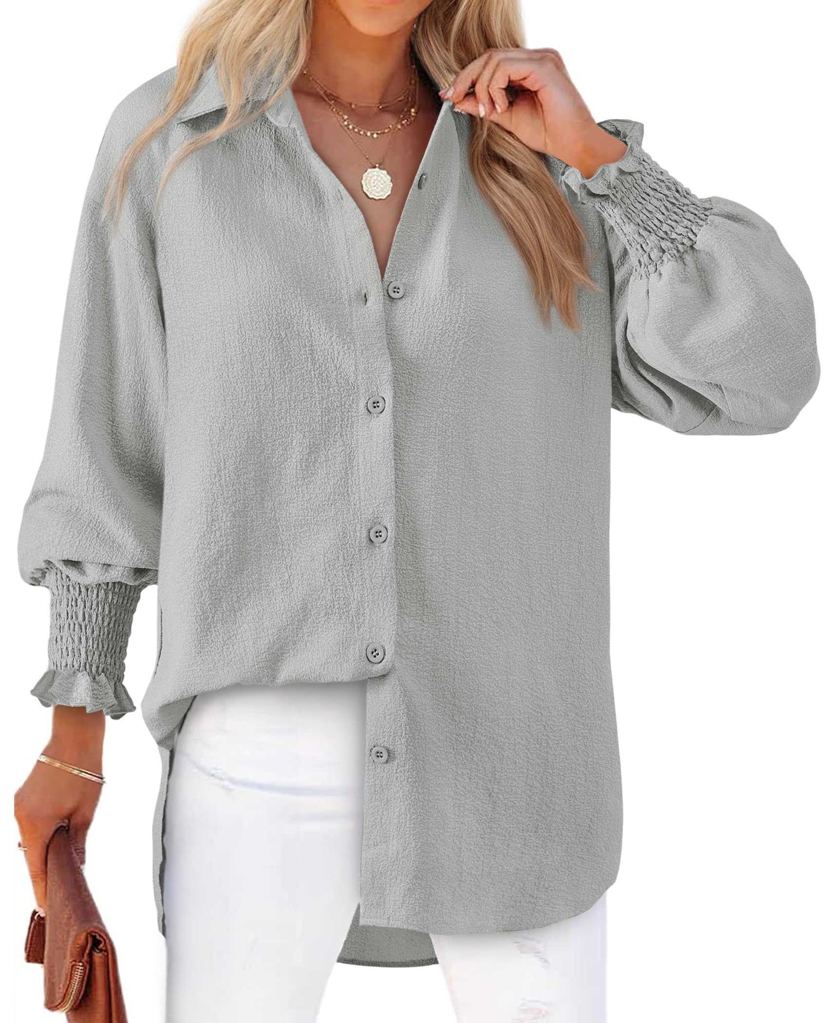 Women's Striped Button Down Shirts Long Sleeve Smocked Cuffed Oversized Boyfriend Blouses Collared Work No Pockets Tops