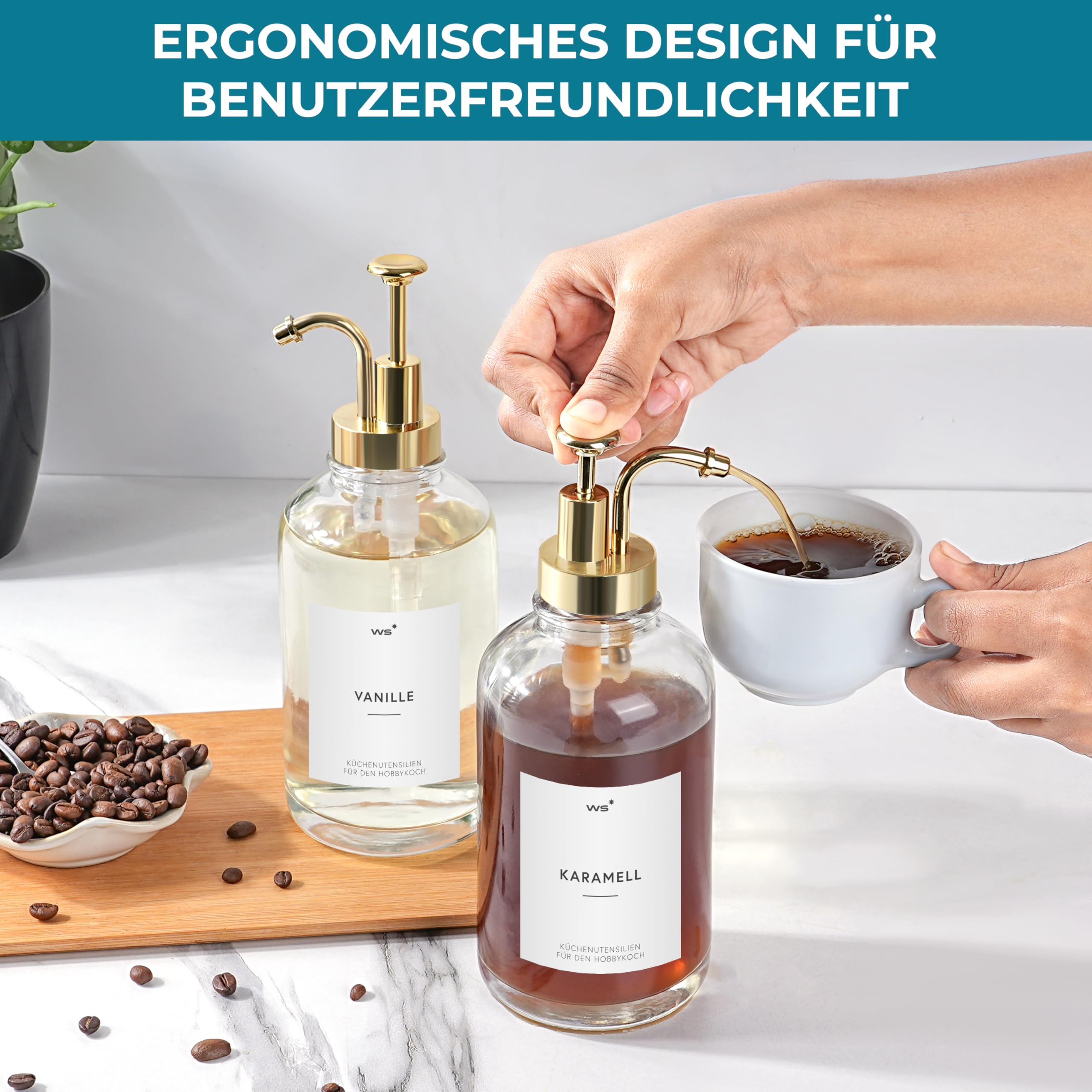 Winter Shore Sirup Pumpspender Glas mit Etiketten (2er-Pack) - Einfacher Sirup Spender Glas - Kaffee Sirup Flaschen - Pumpflasche Glas - Pumpspender Sirup für Kaffeebar