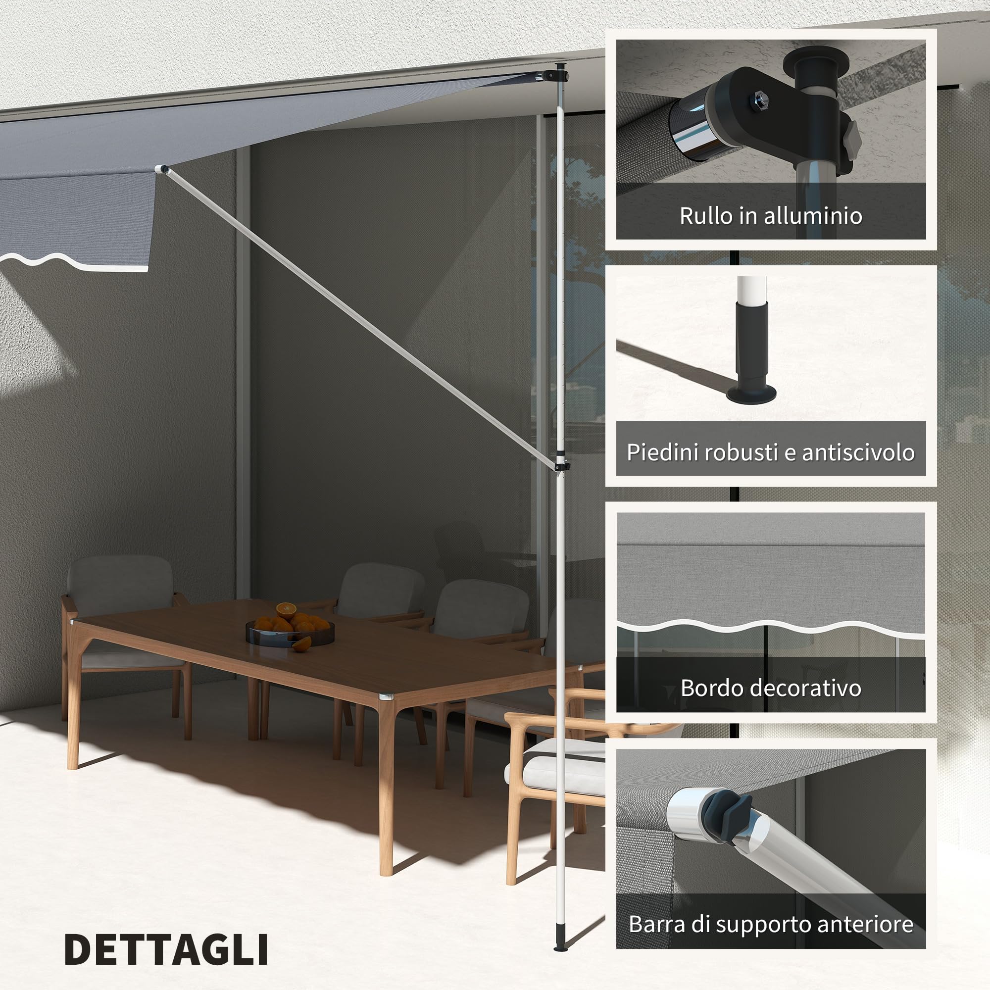 Outsunny Tenda da Sole Esterno 4x1.2m Braccio Avvolgibile Inclinazione Regolabile 0-90° Alluminio Grigio Scuro