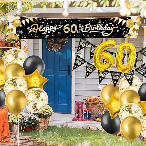Miniatura 7 de Cartel grande de decoración de cumpleaños 60 de 9.8 x 1.6 pies, juego de decoración de fiesta de feliz cumpleaños negro y dorado, telón de fondo de