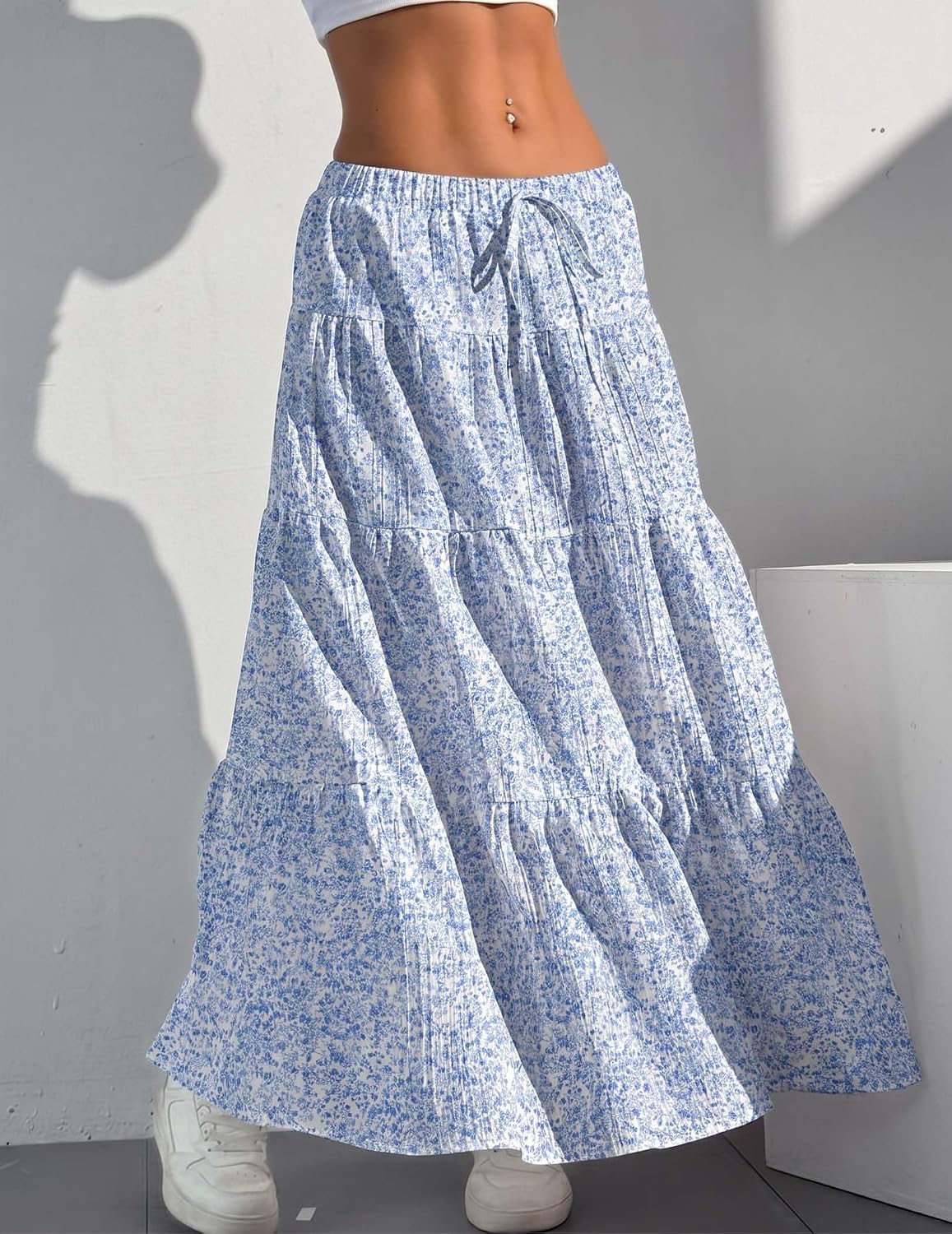 DERAX Women's Summer Boho Floral Maxi Skirt Flowy Flared Ruffle Elastic Waist A Line 2026 Spring Beach Long Skirts