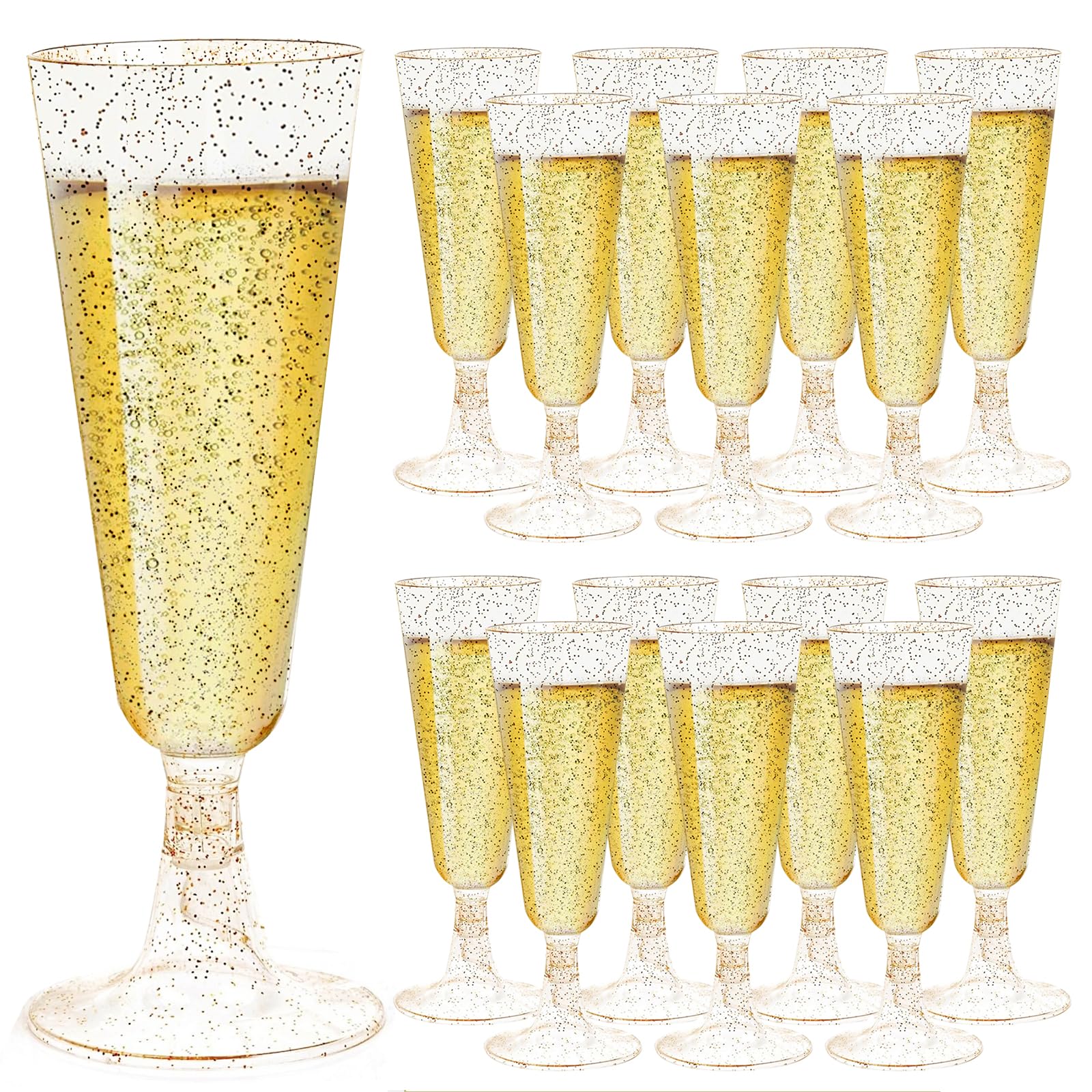 Atliberswo Gold Glitter Plastic Champagne Flutes 20 Pack 150ml Reusable