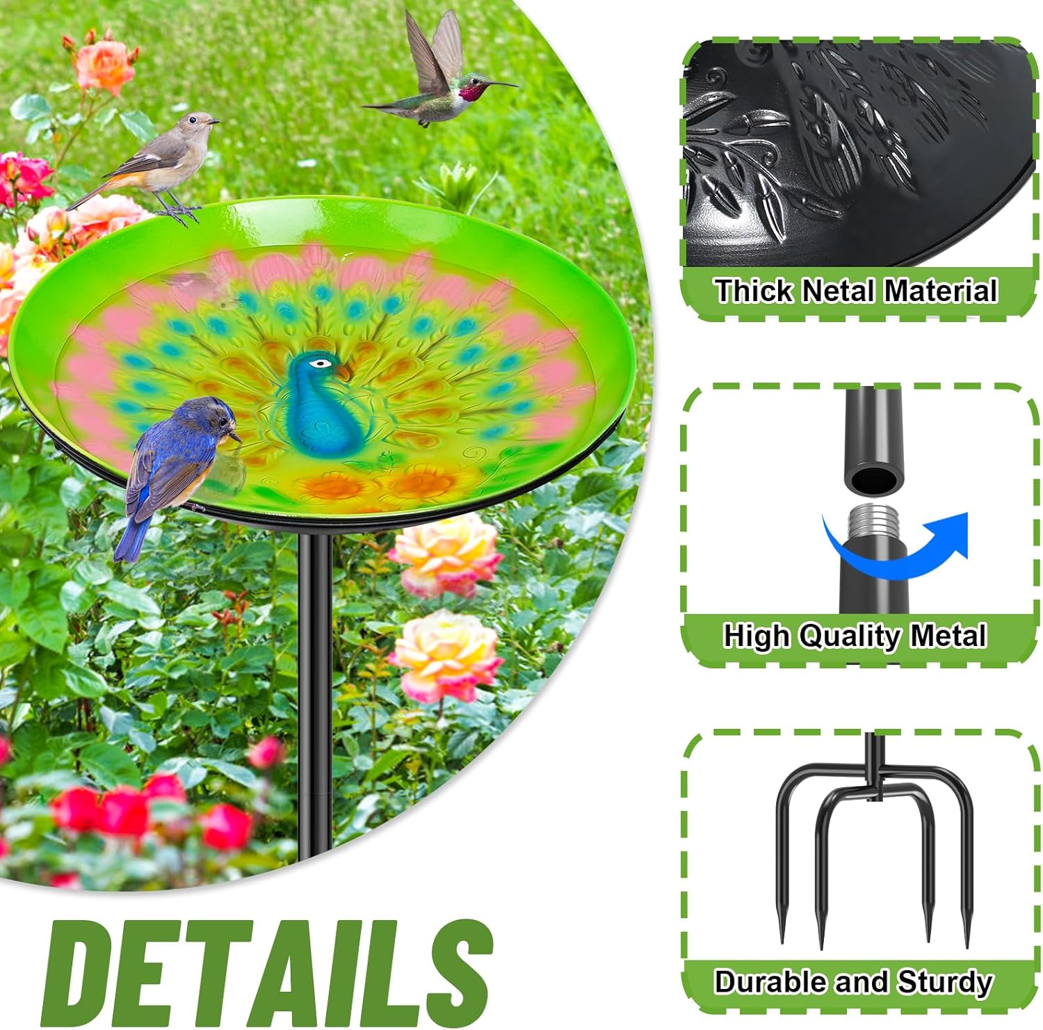 Metal Bird Bath for Outside, Freestanding Birdbaths & Birdfeeder with Colorful Peacock Embossed Basin, Vintage Bird Baths Feeder Bowl for Outdoors Garden Yard Lawn Decor (Peacock Green)