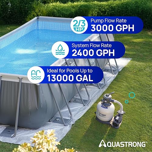 Miniatura 3 de AQUASTRONG Bomba de filtro de arena para piscina sobre el suelo, bombas de piscina sobre el suelo, filtro de arena de piscina con válvula de 6 vías,