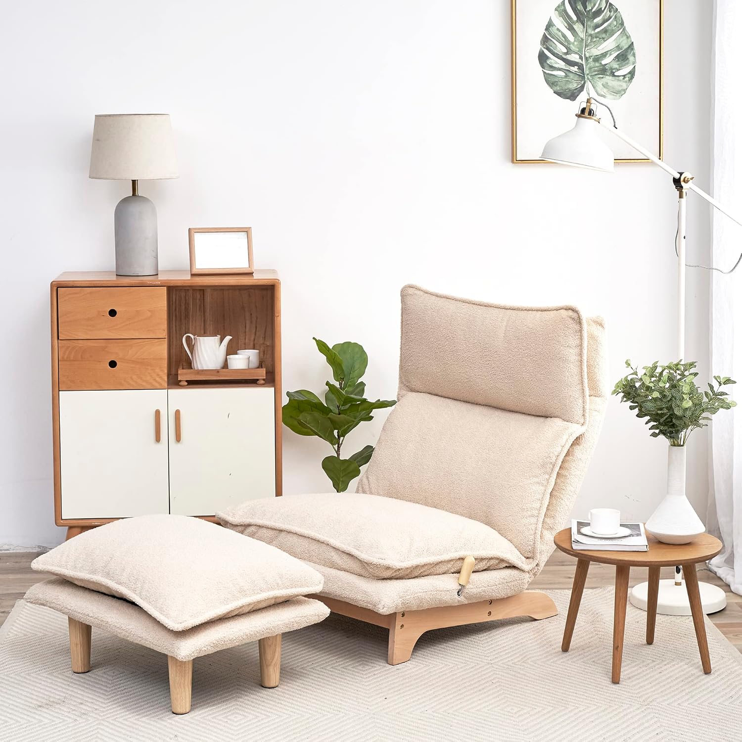 Floor Chair Single Lazy Sofa Leisure Balcony Reclining Japanese Tatami Adjustable Recliner with Ottoman for Living Room, Bedroom, Indoor Use (Stacked Footstool, Beige)