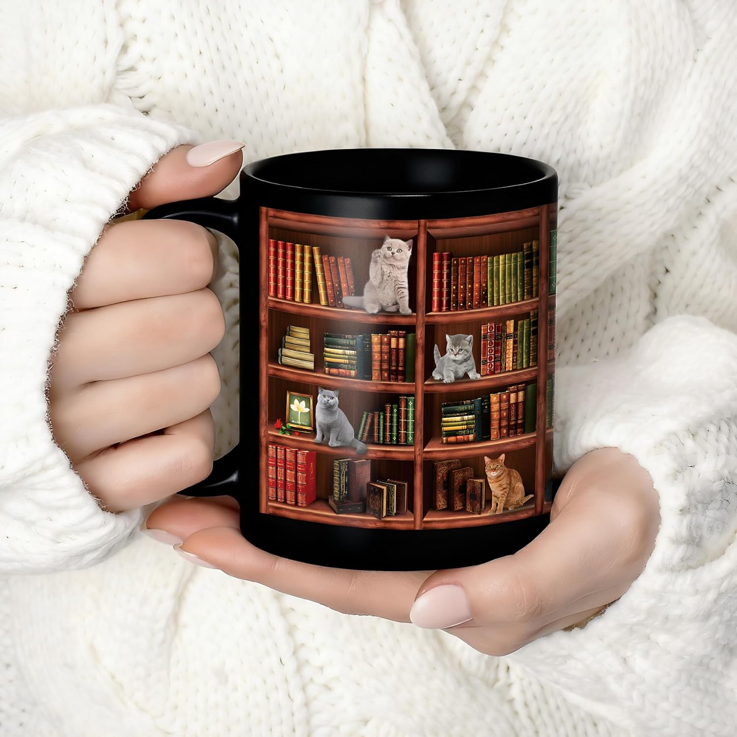 Book Mug for Book Lovers, Novelty Cat Coffee Cup, Black, 11oz