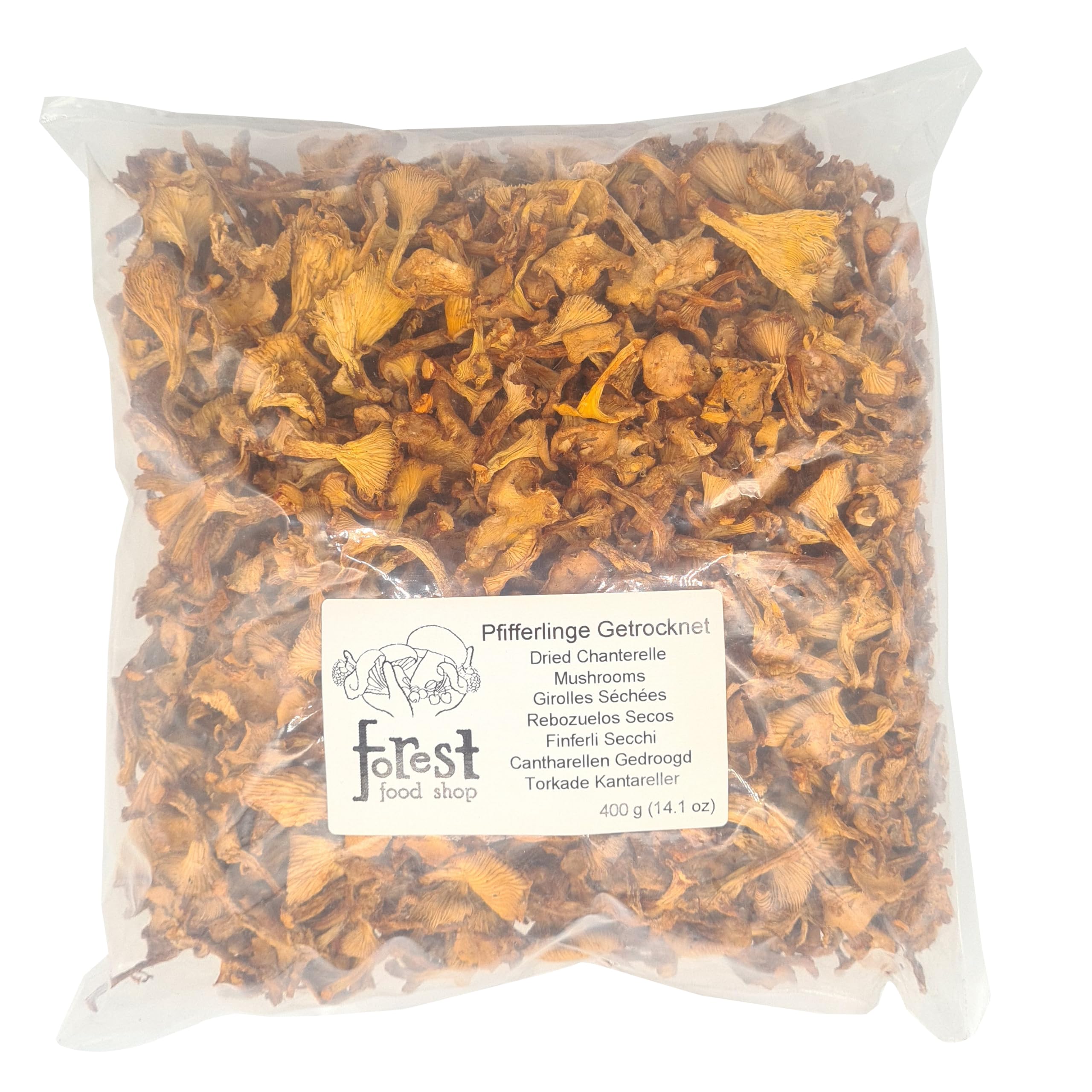Forest Food Shop Pfifferlinge Getrocknet 400g – Handverlesen aus Wildwäldern, Luftgetrocknete Pilze, Bezogen von einem kleinen Familienunternehmen, Ideal zum Kochen und für Gourmet-Rezepte.