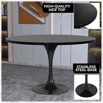 LeisureMod Verve Mid-Century Modern Dining Table with a 48 Round MDF Tabletop and Black Steel Pedestal Base for Kitchen and Dining Room (Black)
