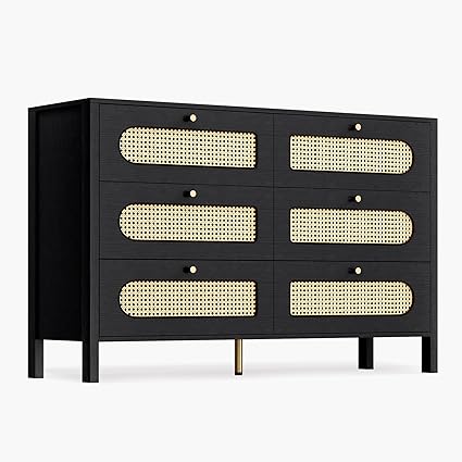 DWVO Buffet Cabinet Rattan - with 6 Wood Storage Drawer TV Stand Coffee Bar with Golden Handles for Living Room/Dining Room/Entryway-Black