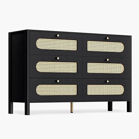 DWVO Buffet Cabinet Rattan - with 6 Wood Storage Drawer TV Stand Coffee Bar with Golden Handles for Living Room/Dining Room/Entryway-Black