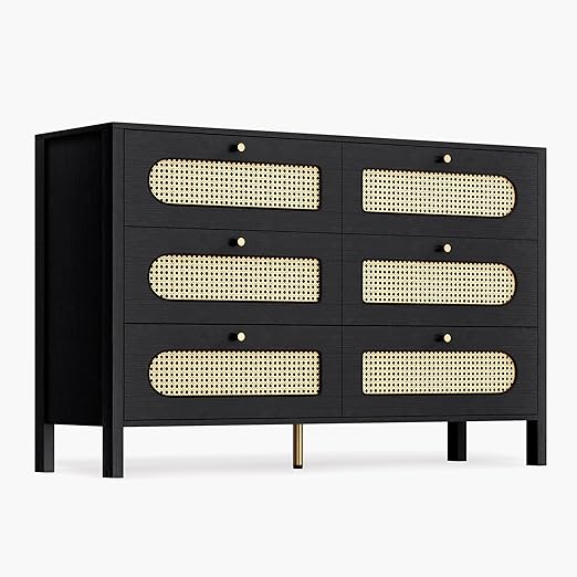 DWVO Buffet Cabinet Rattan - with 6 Wood Storage Drawer TV Stand Coffee Bar with Golden Handles for Living Room/Dining Room/Entryway-Black
