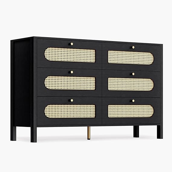 DWVO Buffet Cabinet Rattan - with 6 Wood Storage Drawer TV Stand Coffee Bar with Golden Handles for Living Room/Dining Room/Entryway-Black