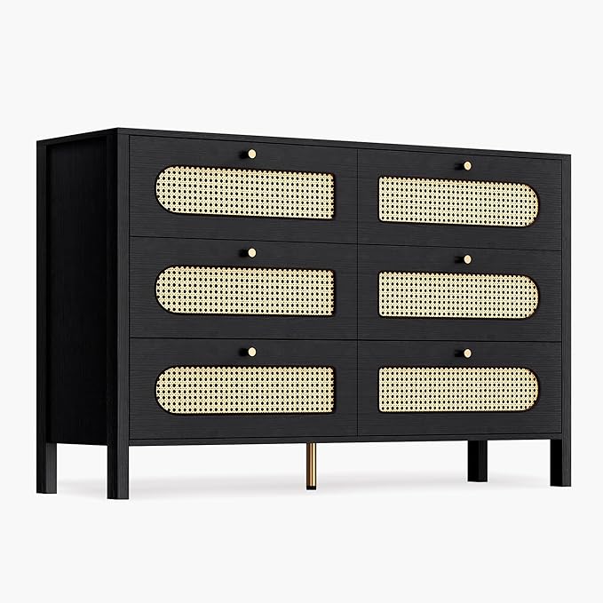 DWVO Buffet Cabinet Rattan - with 6 Wood Storage Drawer TV Stand Coffee Bar with Golden Handles for Living Room/Dining Room/Entryway-Black