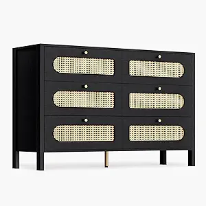 DWVO Buffet Cabinet Rattan - with 6 Wood Storage Drawer TV Stand Coffee Bar with Golden Handles for Living Room/Dining Room/Entryway-Black