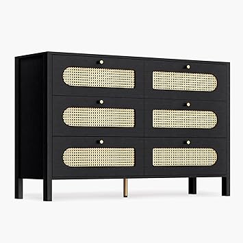 DWVO Buffet Cabinet Rattan - with 6 Wood Storage Drawer TV Stand Coffee Bar with Golden Handles for Living Room/Dining Room/Entryway-Black