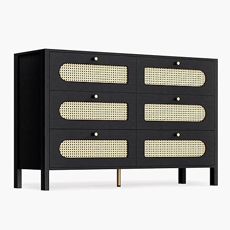 DWVO Buffet Cabinet Rattan - with 6 Wood Storage Drawer TV Stand Coffee Bar with Golden Handles for Living Room/Dining Room/Entryway-Black