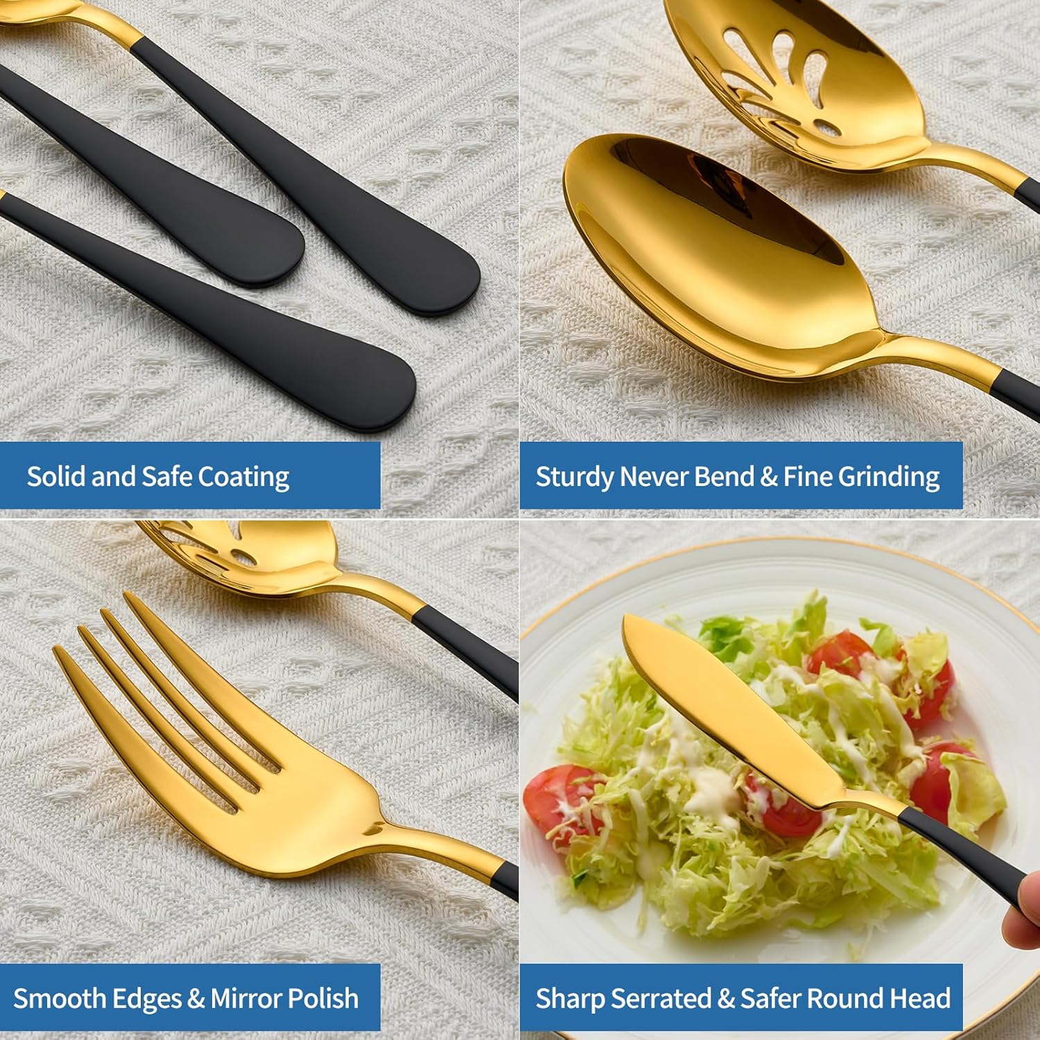 10-Piece Black & Gold Flatware Serving Set, 18/0 Stainless Steel Colorful Handle, Includes Serving Fork, Solid & Pierced Serving Spoon,Sugar Spoon,Butter Knife,Mirror Polished,Dishwasher Safe