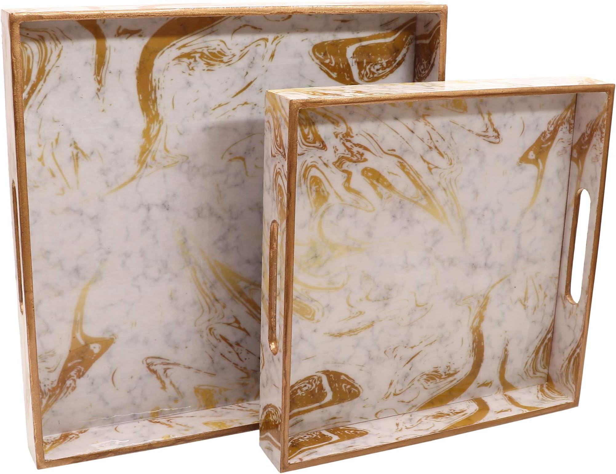 BeFunky Designer MDF Wooden Serving Trays Set with Handle | Set of 2 Trays | with Special Enamel Coating (White & Gold)