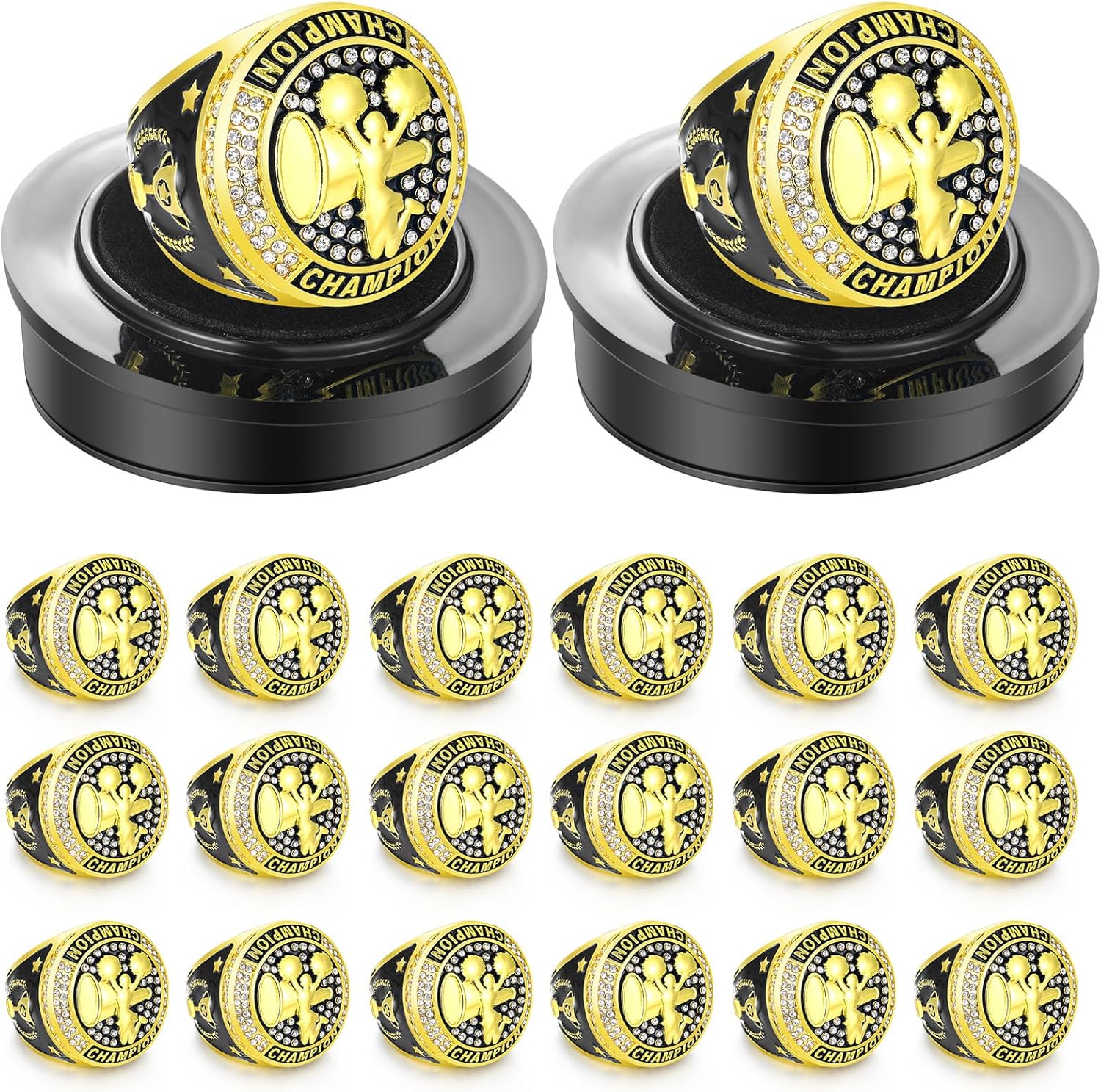 Highergo 20 Pcs Football Basketball Softball Championship Rings with Display Neck Chain and Stand Baseball Volleyball Soccer Cheer Trophy Rings Bulk for Tournament Award Gift