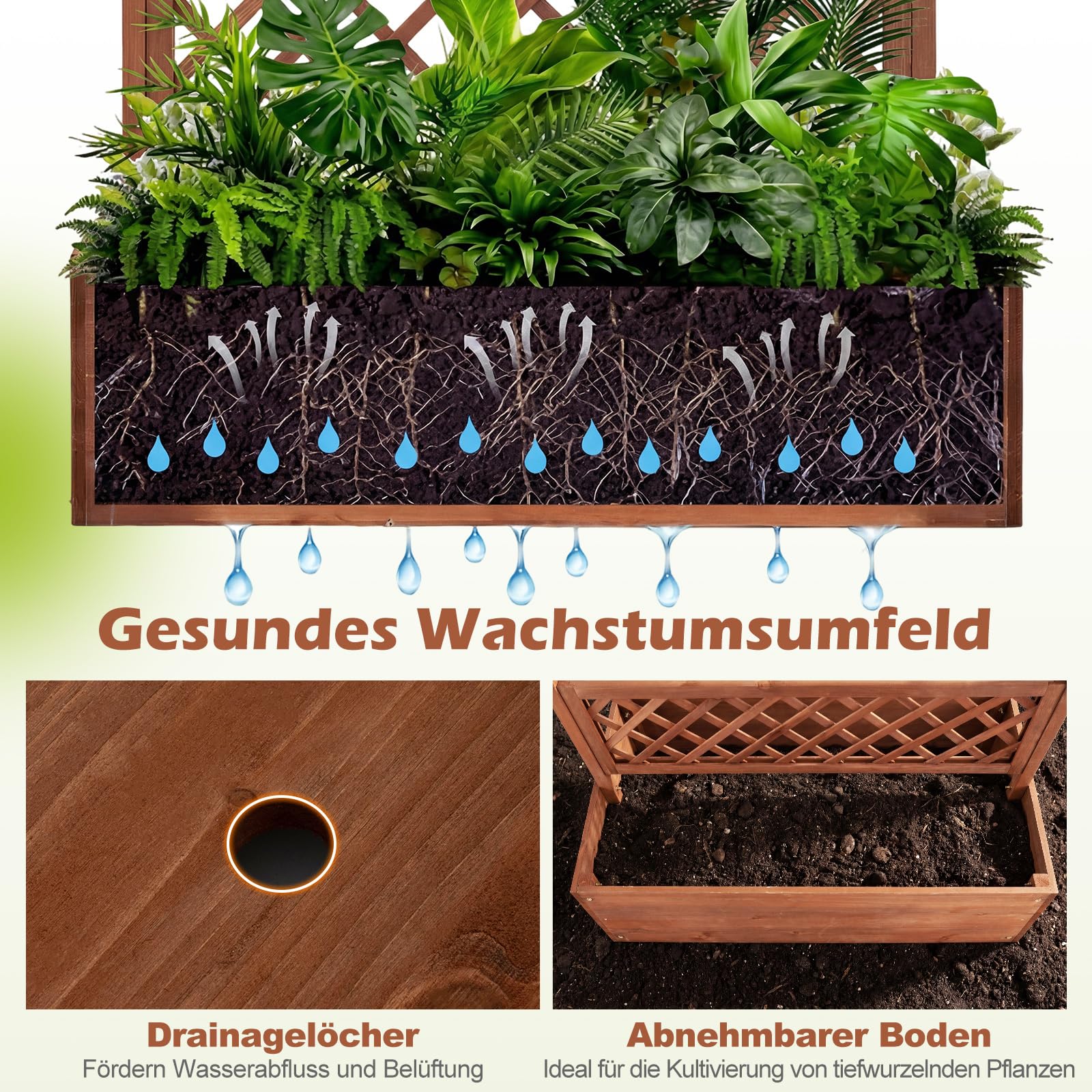 COSTWAY Blumenkasten mit Rankgitter & Dach, Pflanzkübel mit Sichtschutz, Pflanzkasten Tannenholz, Hochbeet mit Spalier, Drainagelöchern, Blumenkübel mit Rankhilfe für Kletterpflanzen, 100 x 55 x 183cm