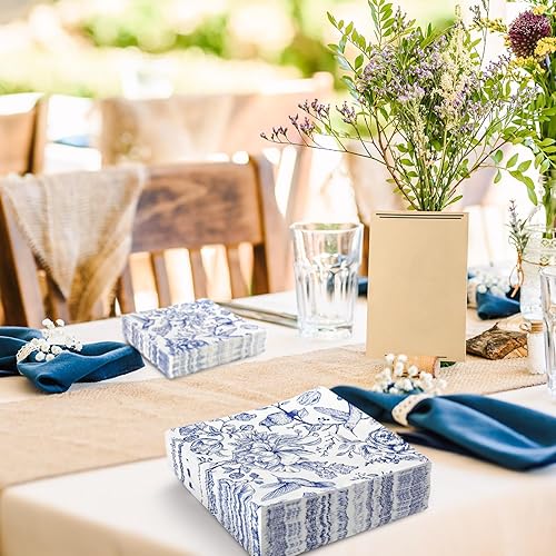 Miniatura 5 de AnyDesign 80 servilletas de papel florales azules, servilletas de almuerzo de pájaros con flores azules y blancas, servilletas de mano para boda,
