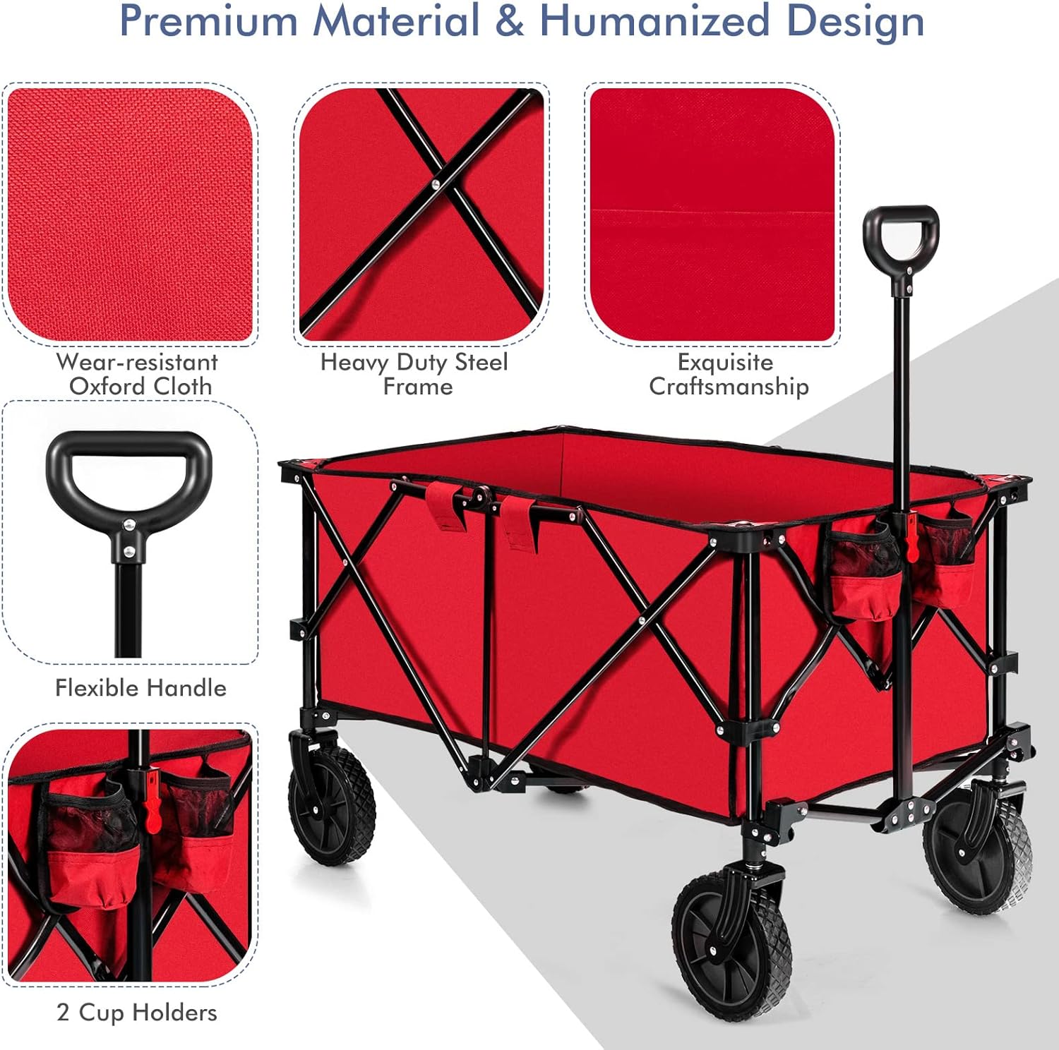 S AFSTAR Folding Wagon Cart, Collapsible Garden Wagon w/Adjustable Handle & Universal Wheels, Heavy Duty Folding Utility Cart for Agricultural Material Toy Grocery, Load Capacity up to 180Lbs (Red)