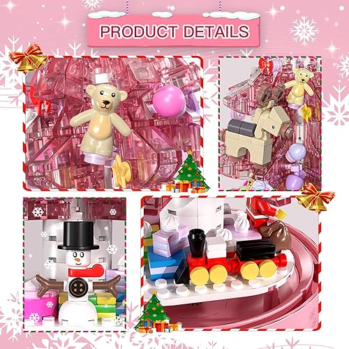 Miniatura 5 de Juego de bloques de construcción de árbol de Navidad, caja de música para regalos para niños, árbol de Navidad rosa con luz y nevadas automáticas,