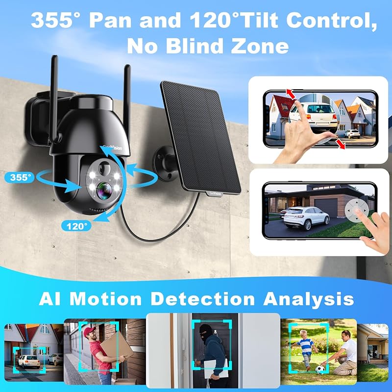 SeeVision Solar Security Cameras Wireless Outdoor, 2K PTZ WiFi 3MP Indoor Security Camera for Home with Spotlight, PIR Motion Detection,Siren, Color Night Vision, 2-Way Talk, SD/Cloud Storage image 4