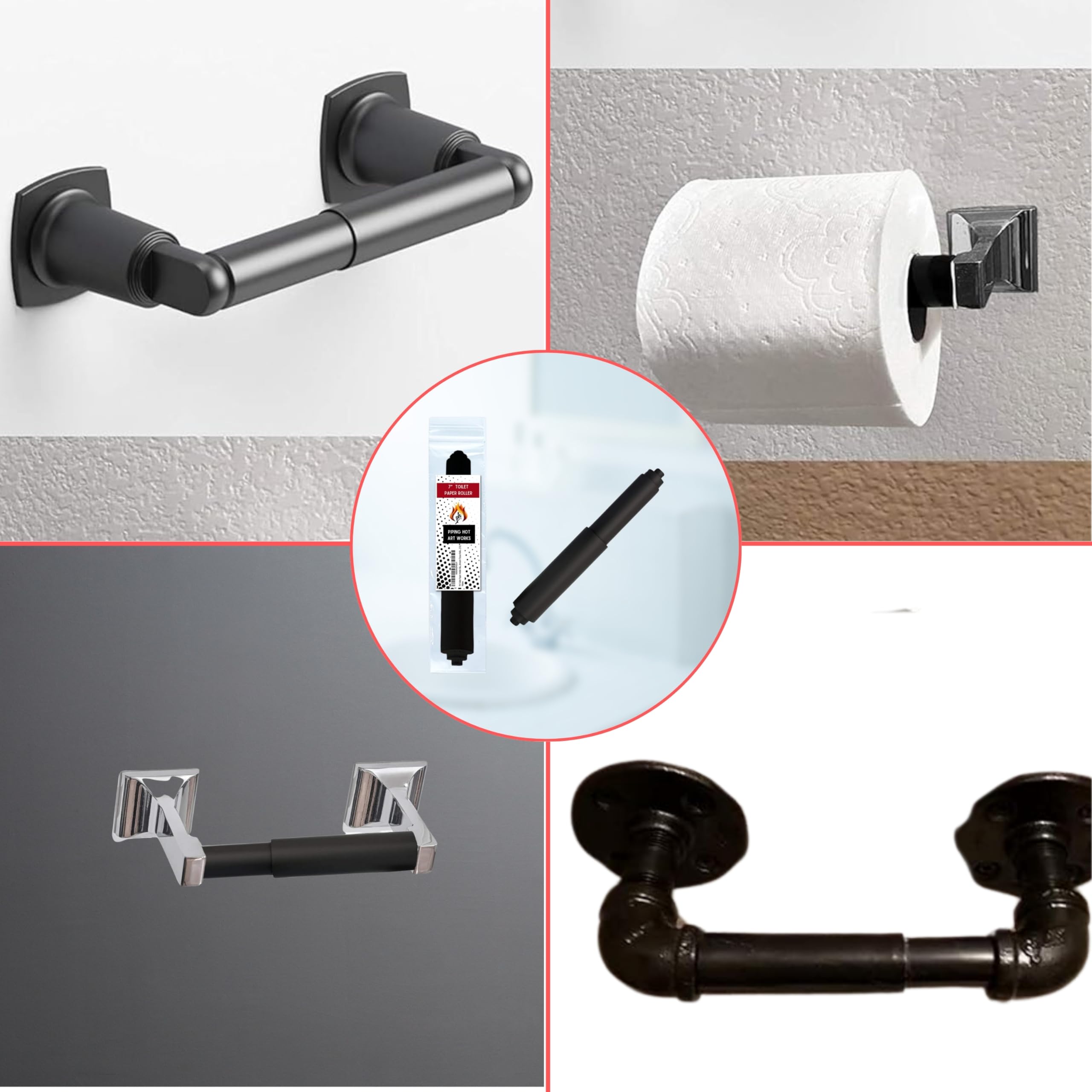 Soporte para rodillos de papel higiénico (7 pulgadas), color negro, varilla de repuesto de plástico (cargada con resorte), extensor de rollo para rollos de papel de baño extra grandes 8