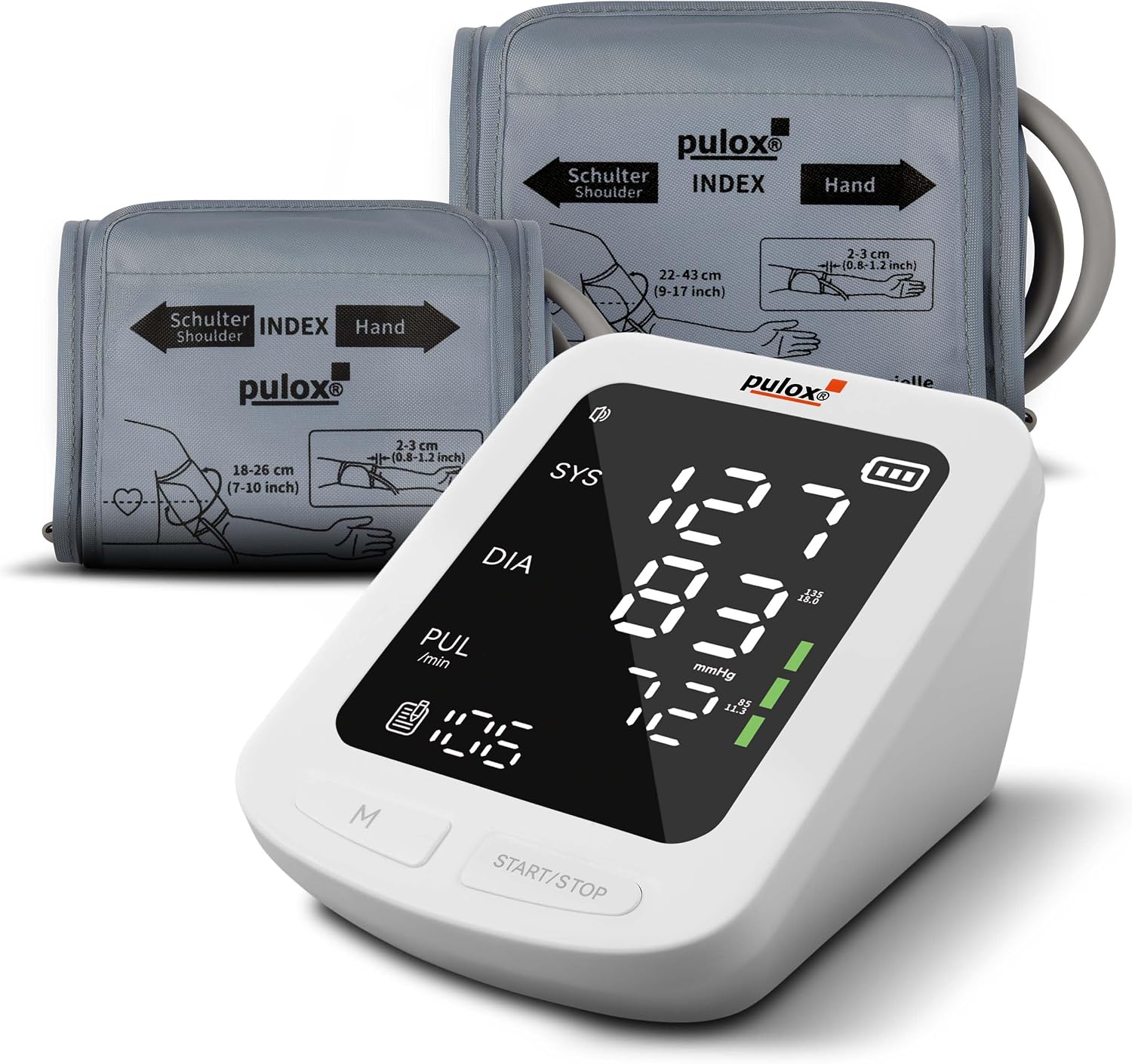Pulox BP-100 Oberarm Blutdruckmessger t mit 2 Manschetten & Speicher Vollautomatische Blutdruckmessung mit Speicher f r bis zu 199 Messwerte. Inklusive zwei Oberarmmanschetten.
