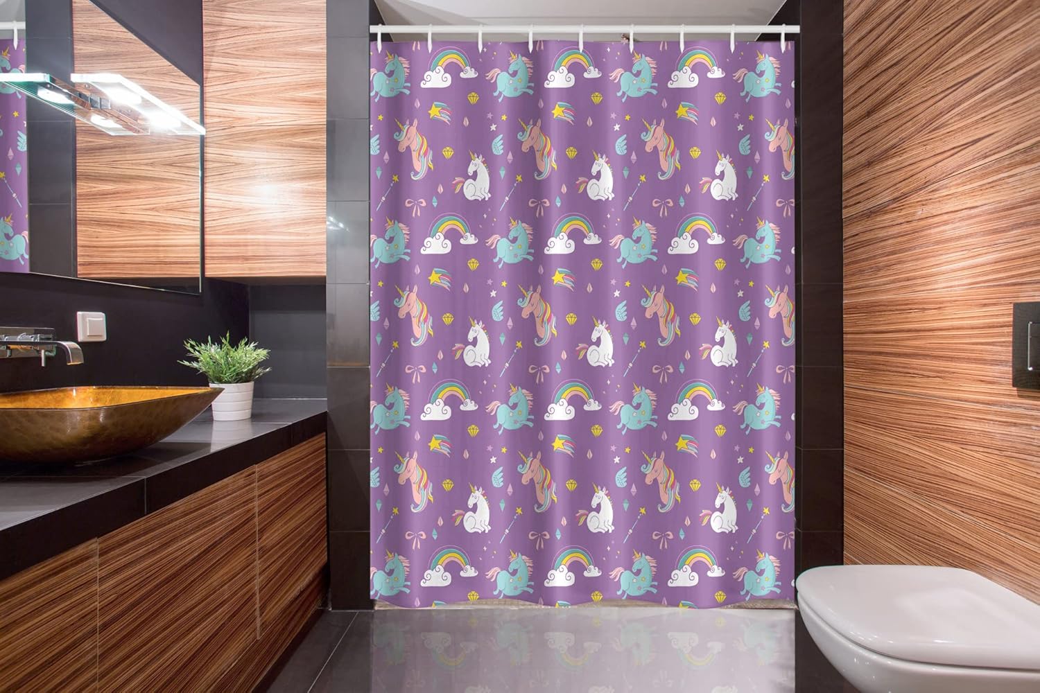 Ambesonne Magic Stall Shower Curtain, Unicorn and Rainbow Diamond Wand Pattern Girl Creature Print, Fabric Bathroom Decor Set with Hooks, 54" W x 78" L, Purple Cadet Blue White