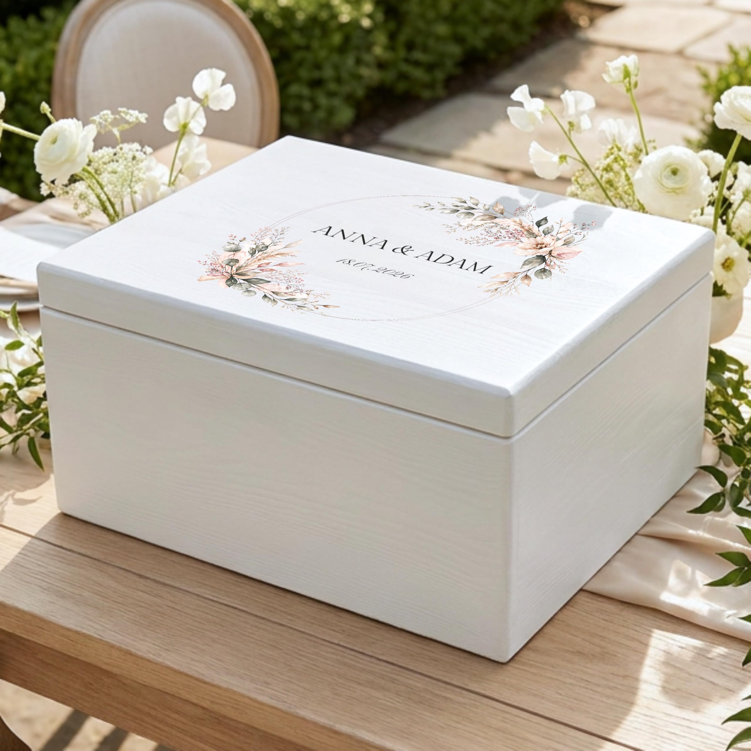 Creative DECO Personalizada Caja de Regalos Originales para los Novios Boda | Regalo Blanca | Caja Madera de Recuerdos Especiales | Parejas Aniversario Matrimonio | Motivo Corona y Flores Nombres Fecha