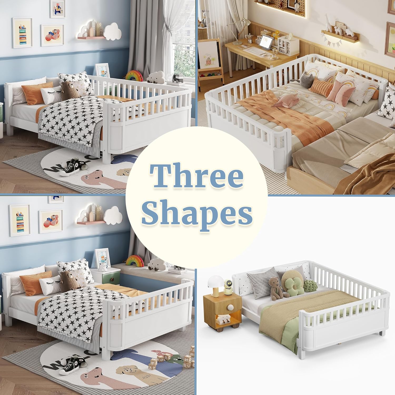 Full Kids Floor Bed Frame with Rails, Wood Low Montessori Platform Bed with Slats Support, Modern Daybed with Detachable Side Rails, Space Saving Kids Beds for Boys Girls Bedroom, White