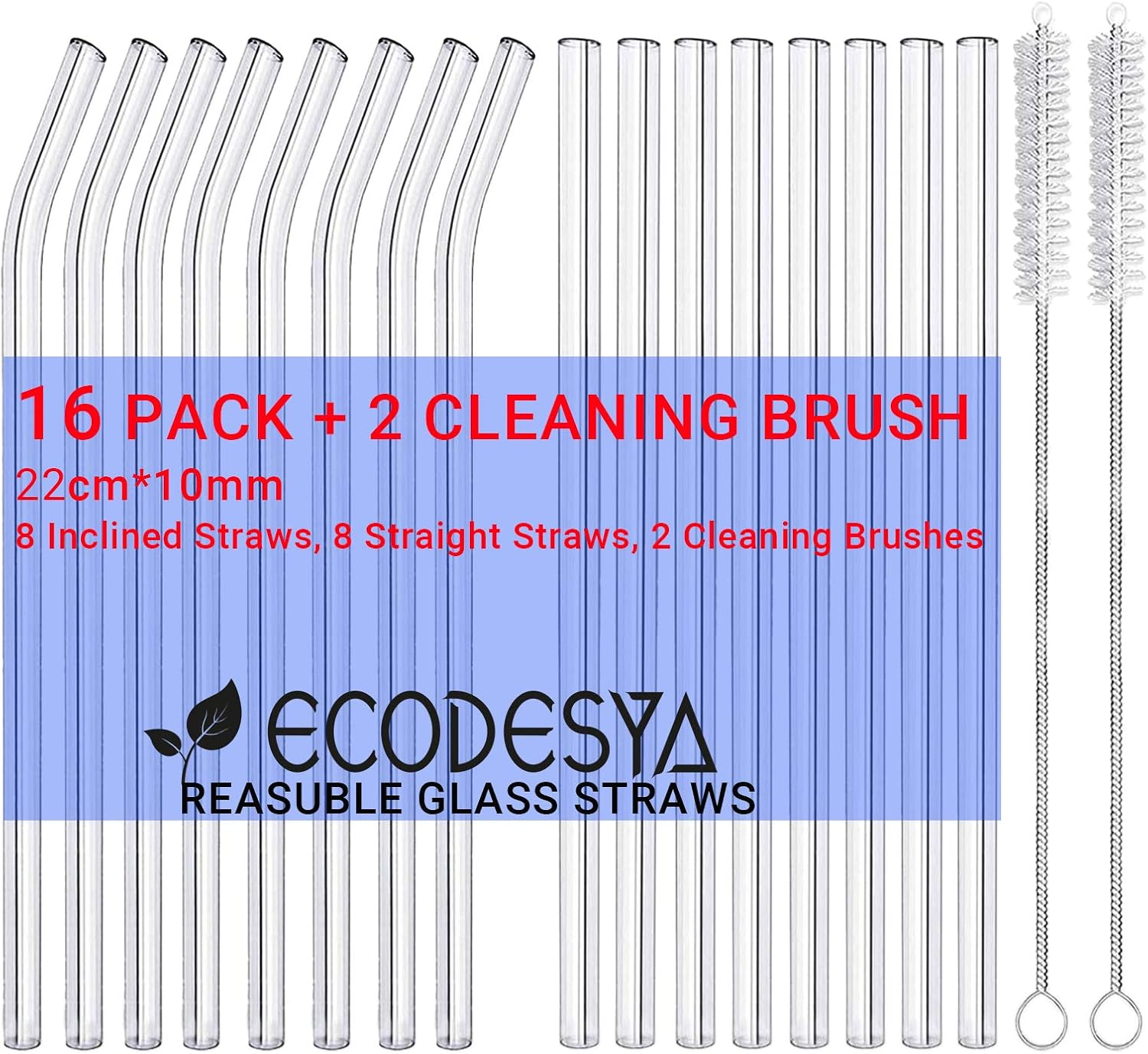 ECODESYA 16-Pack Reusable Glass Straw,Size 8.6''x10 MM,Including 8 Straight and 8 Bent with 2 Cleaning Brush- Perfect For Smoothies, Tea, Juice
