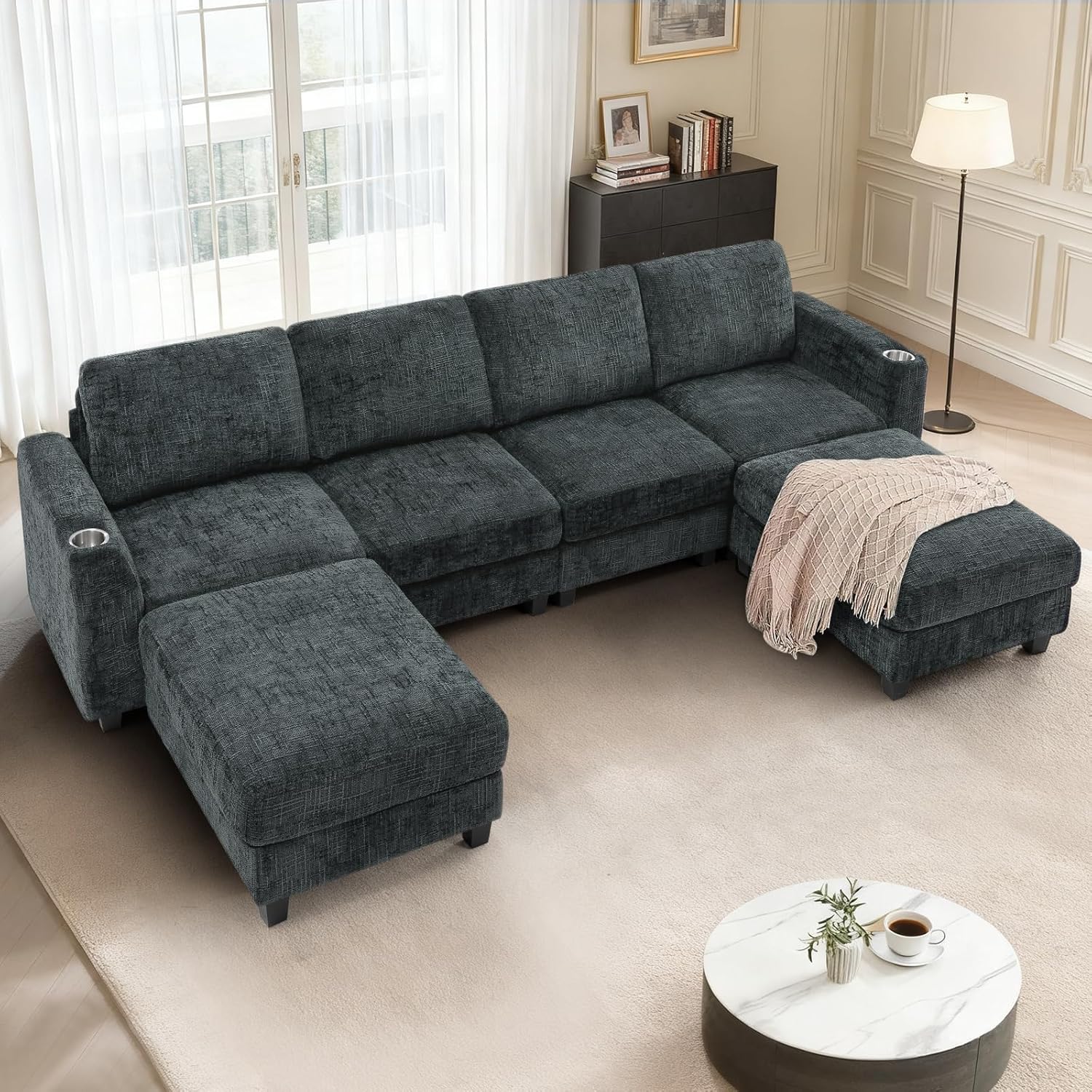 110" Convertible U-Shape Couch with 2 Flexible Ottomans, Soft Sectional Sofa with Durable Cup Holders, Chenille 4 Seater Sofa with Well-Filled Backrest for Living Room, House, Grey