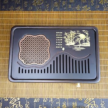 Kung Fu Tea Chinese Tea Tray, Laser Carved Design with Gold Accents, Drainage System, 3 Size Options Small28cm*18cm*4cm
