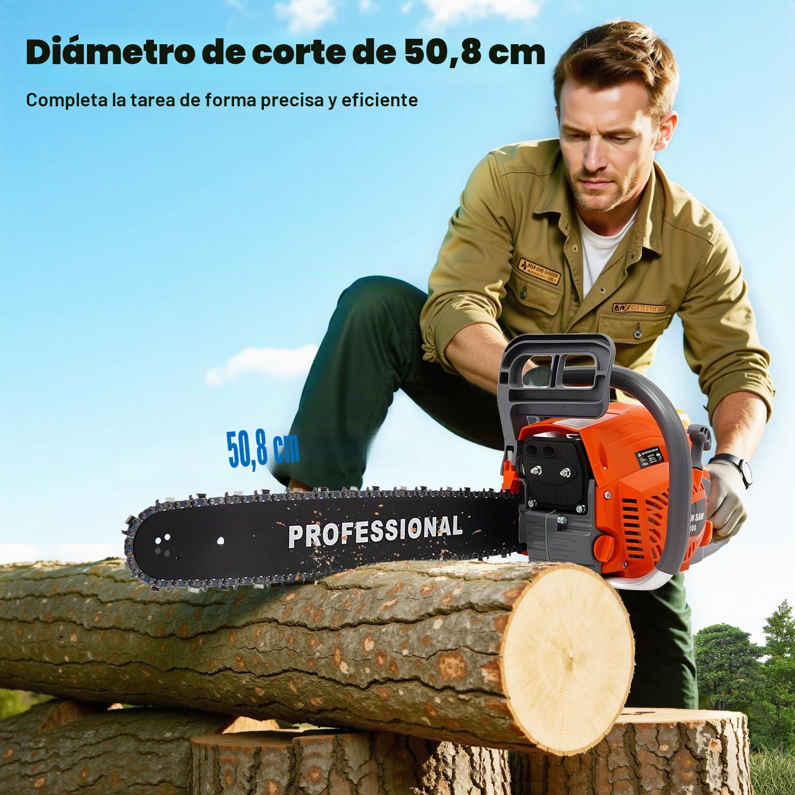 Motosierra de gasolina de 58 cc, 2,4 kW, monocilíndrico de 2 tiempos refrigerado por aire, motosierra con mango antideslizante, depósitos de combustible y función de parada de emergencia