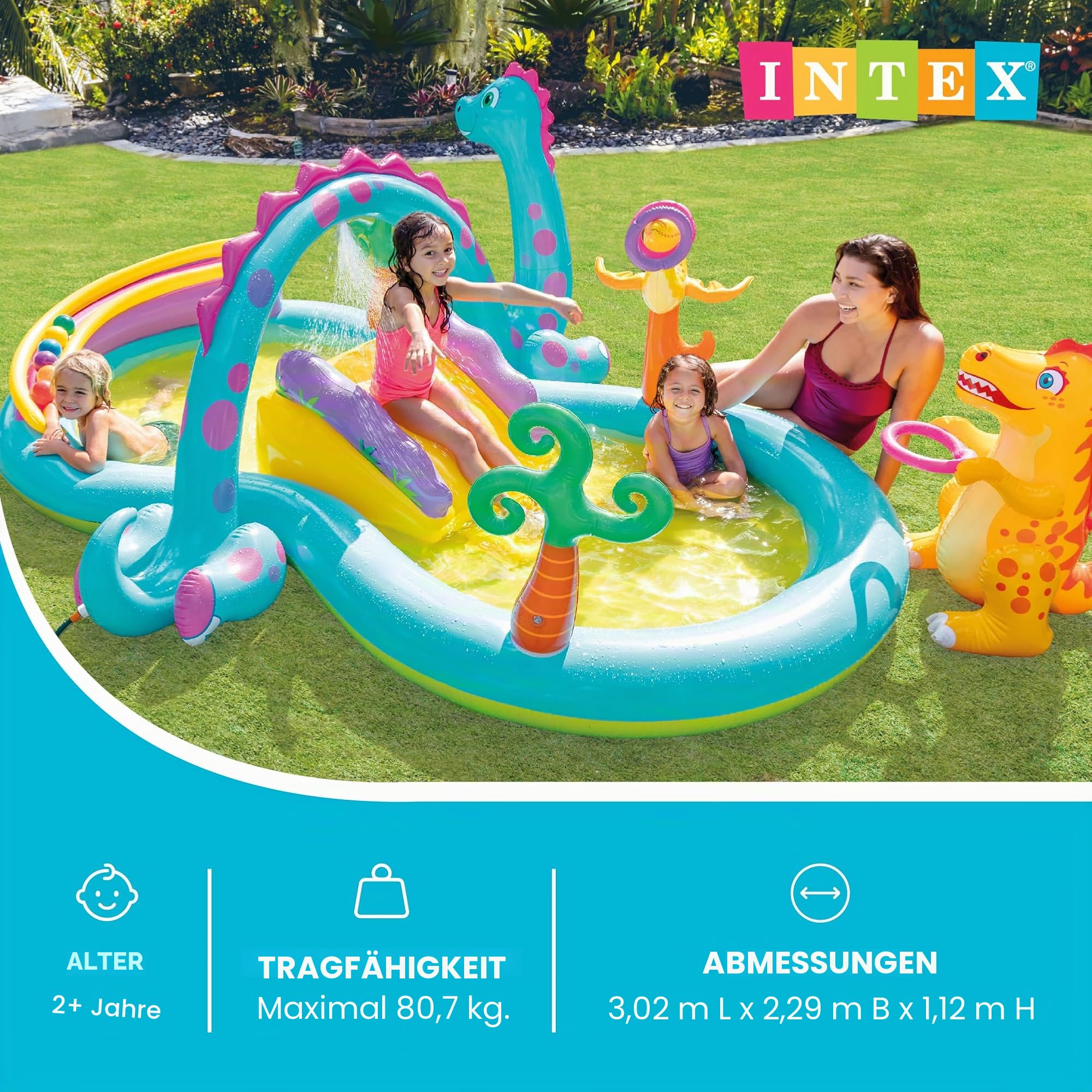 Intex 57135EP - Aufblasbares Wasserspielcenter Dinoland, 131 x 90 x 44 Zoll