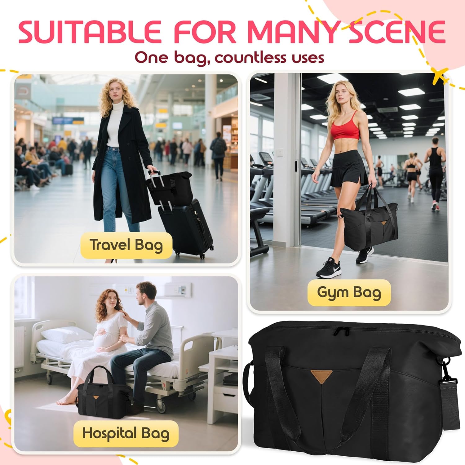 Duffle Bag for Travel, Carry-on Travel Bag with Trolley Sleeve, Sport Gym Bag for Women, Overnight Bag for Men, Hospital Bag for Labor and Delivery (Black) - Image 7