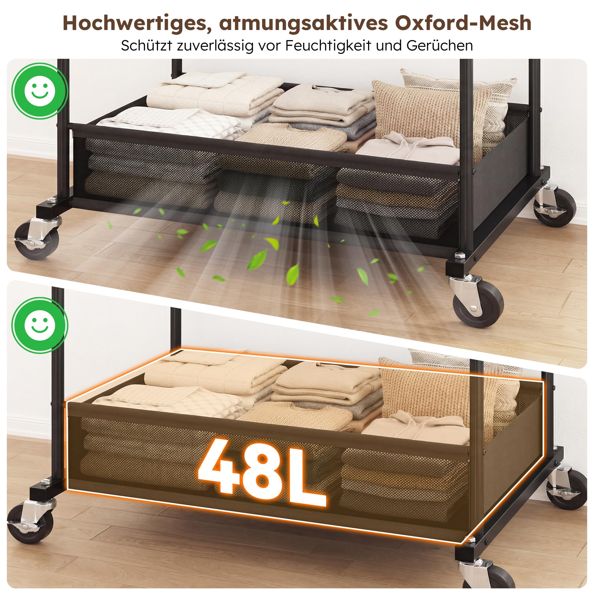 110cm Doppelter Kleiderständer auf Rollen, 110KG Traglast Stabil Kleiderständer mit 48L Wäschekorb, Kleiderstange für Mäntel, Jacken, Pullover, Kleider, Schlafzimmer, Mietwohnung, Schwarz