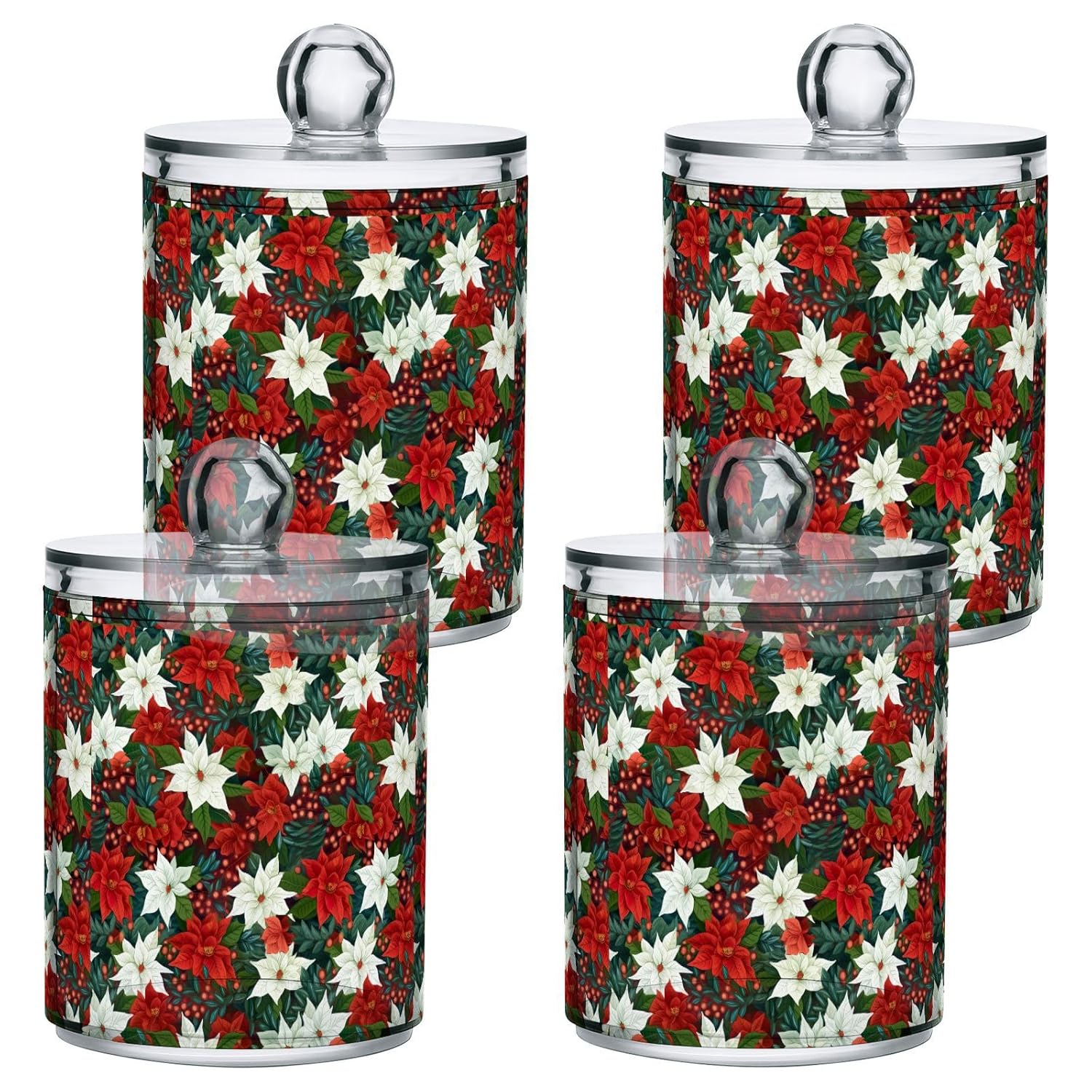 4 Pcs Christmas Xmas Poinsettia Flower 10 OZ Qtip Holder Dispenser for Cotton Ball Cotton Swab Cotton Round