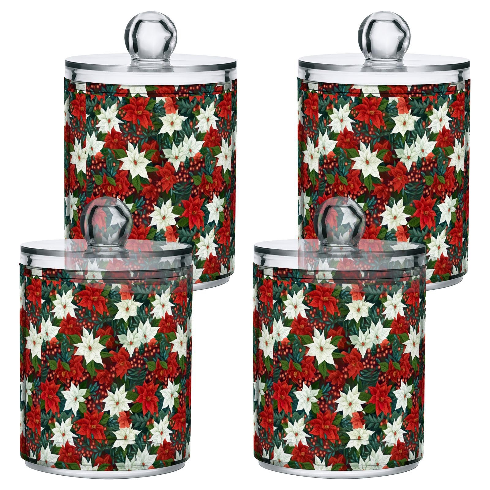 4 Pcs Christmas Xmas Poinsettia Flower 10 OZ Qtip Holder Dispenser for Cotton Ball Cotton Swab Cotton Round