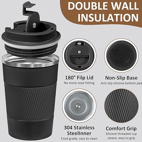 Miniatura 3 de Paquete de 4 tazas de café aisladas con tapa, vaso de café de viaje de 12 onzas, tazas de café reutilizables de acero inoxidable, taza de café