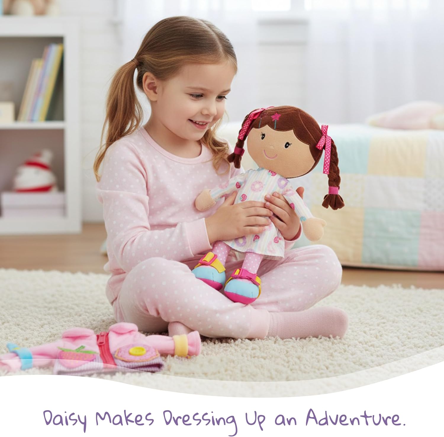 June Garden Personalized Dressy Friends Daisy – Custom Name Plush Doll for Toddlers – Montessori Learn-to-Dress Soft Toy with Buckles, Zipper & Ties – Educational Gift for Girls & Boys Age 2+