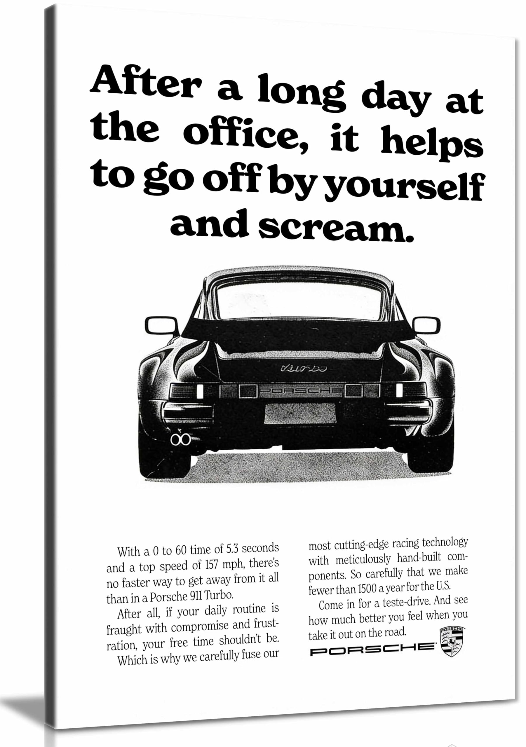Screep Vintage Porsche 911 Advert Canvas - Poster Print Black & White Classic Car Wall Art for Garage Framed Canvas Print, Pictures for Home Walls, Bedroom, Living Room Decor 31x20cm (12x8in)
